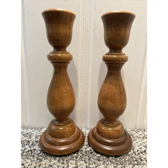 Handmade Other - Pair (2) of 1970s Vintage Wooden Candlesticks 7” Handmade Turned Felt Bottom